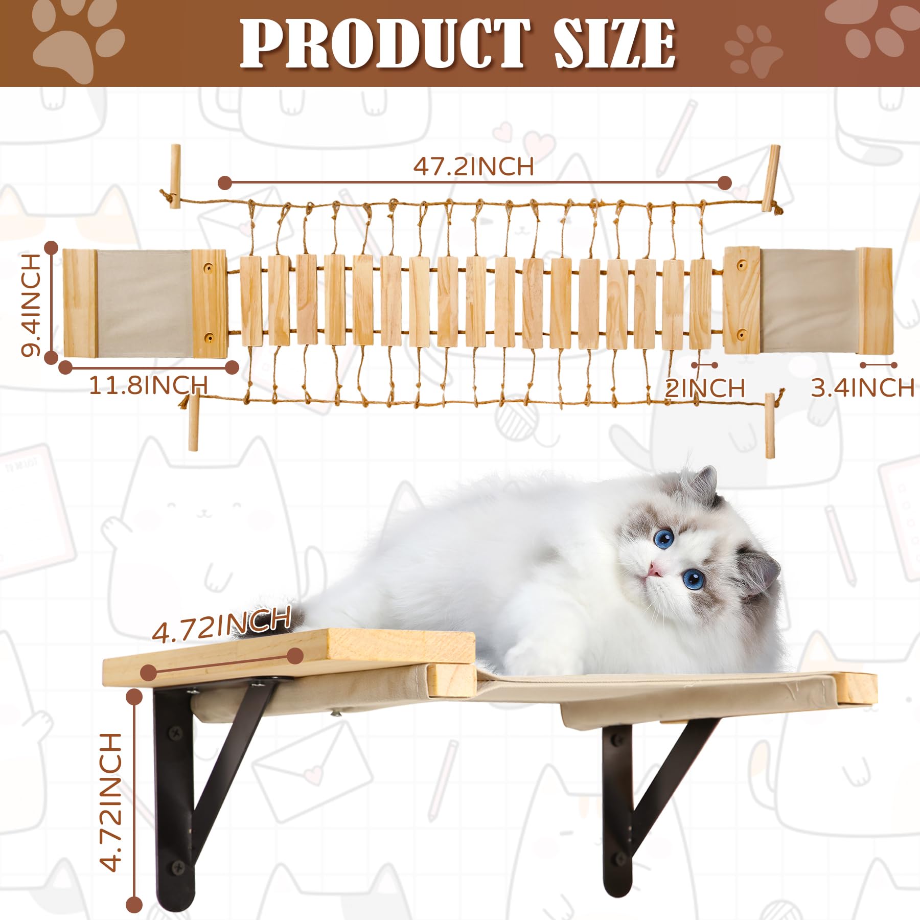 Calmbee Cat Wall Shelves, Cat Wall Furniture 70'' Cat Bridge Wall Mount Cat Perch Wooden Hammock Cat Tree Cat Climber Cat Cloud